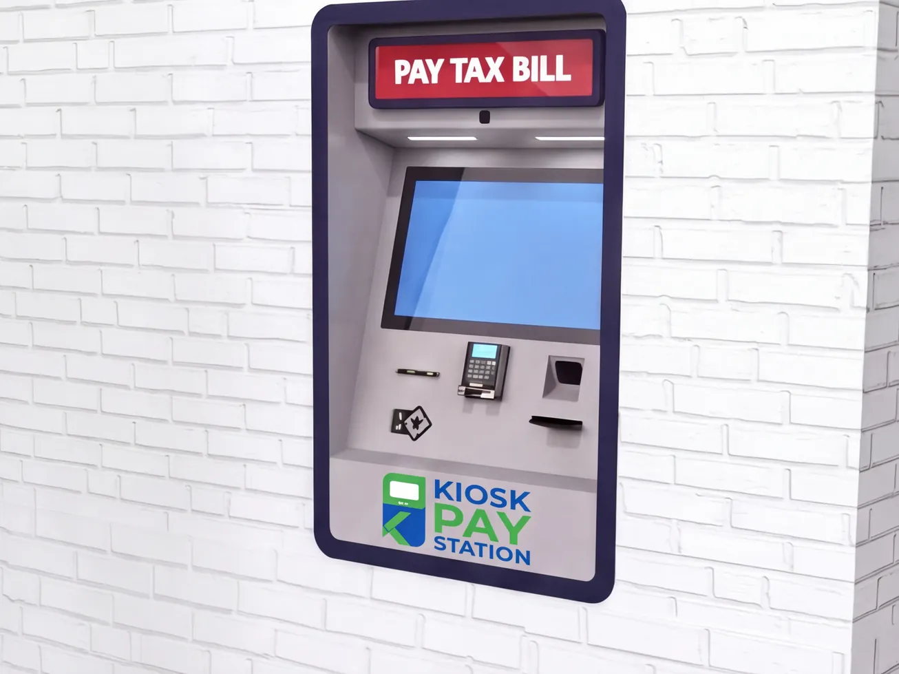 Wall-mounted payment kiosk with custom Pay Tax Bill signage and client branding