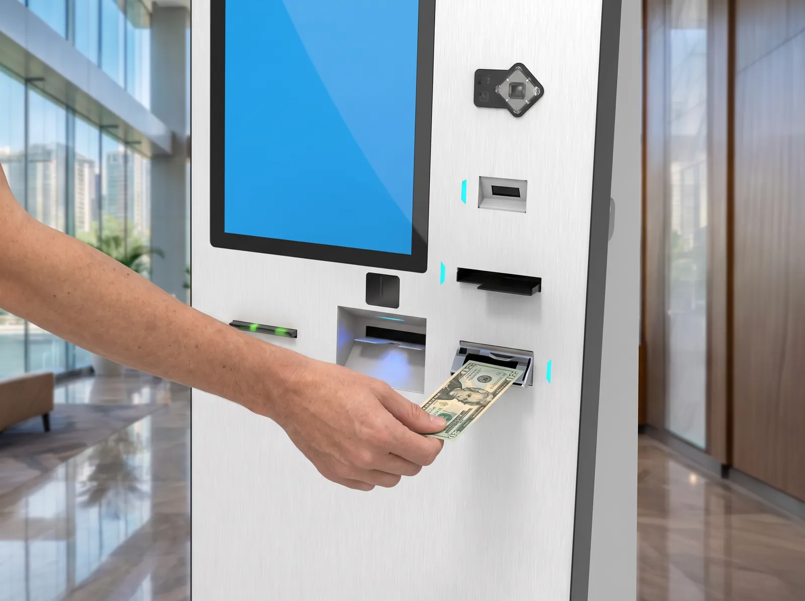 Bills being fed into the cash acceptor of a Kiosk Pay Station kiosk