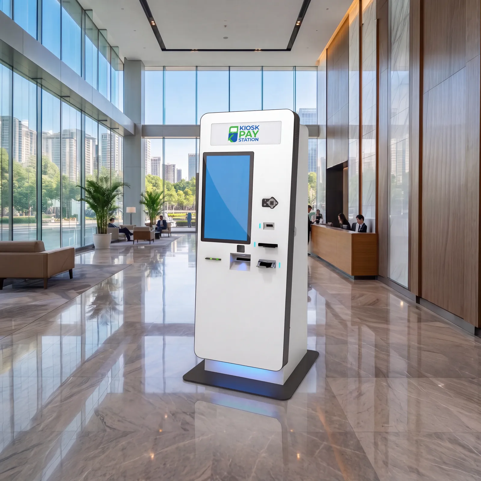 Freestanding Kiosk Pay Station kiosk in a bright multi-department lobby