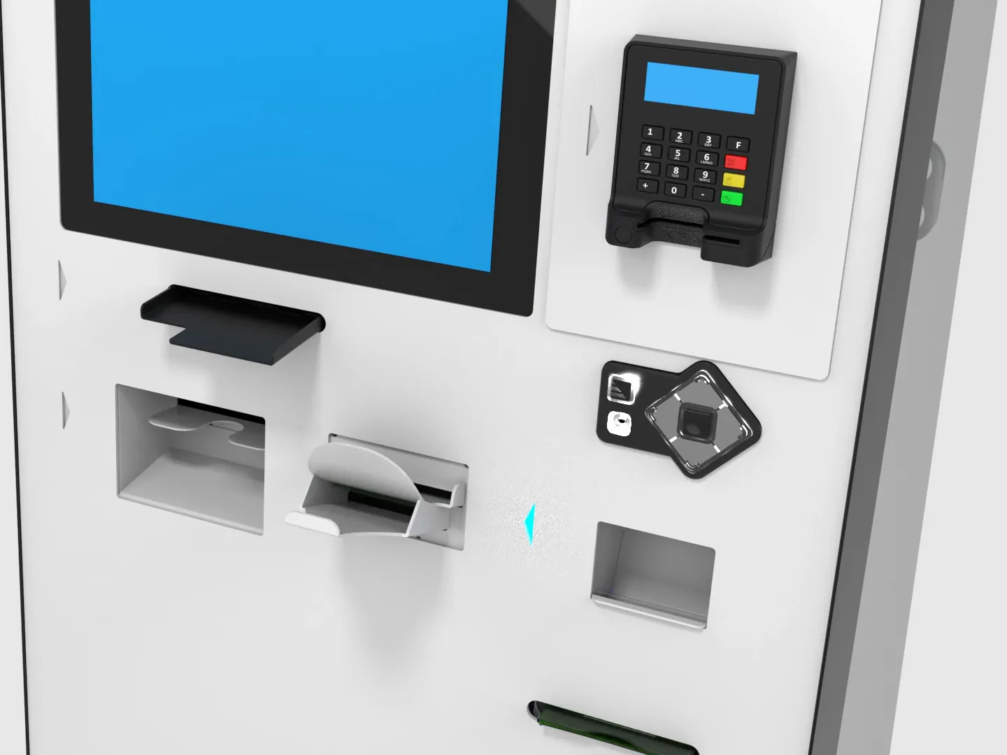 Close-up of a Standalone with Cash kiosk: touchscreen, card reader and payment slots