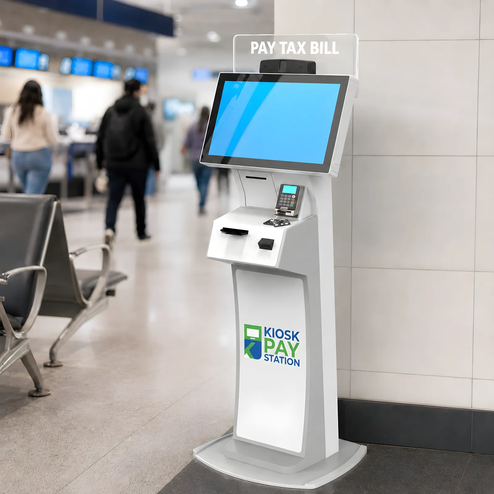 Kiosk Pay Station Standalone Cashless kiosk in a waiting area