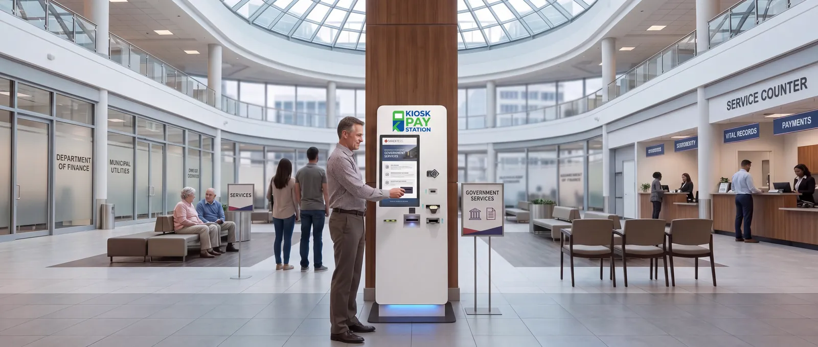 Resident paying at a Kiosk Pay Station kiosk in a government lobby